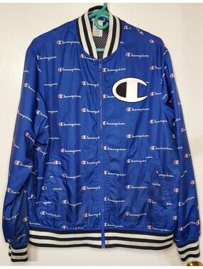 Champion Life V1941 Satin Bomber Jacket Men’s Large Blue All Over Print AOP Logo